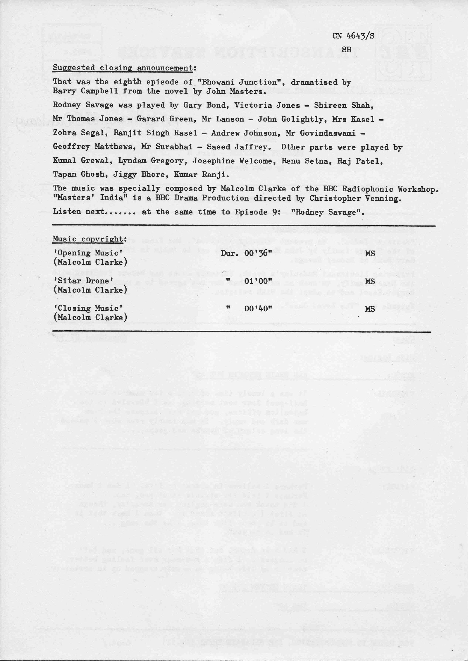 CN 4643 S 4 Masters' India Bhowani Junction - Parts 7 & 8 John Masters Inserts from CN 4643 S 4